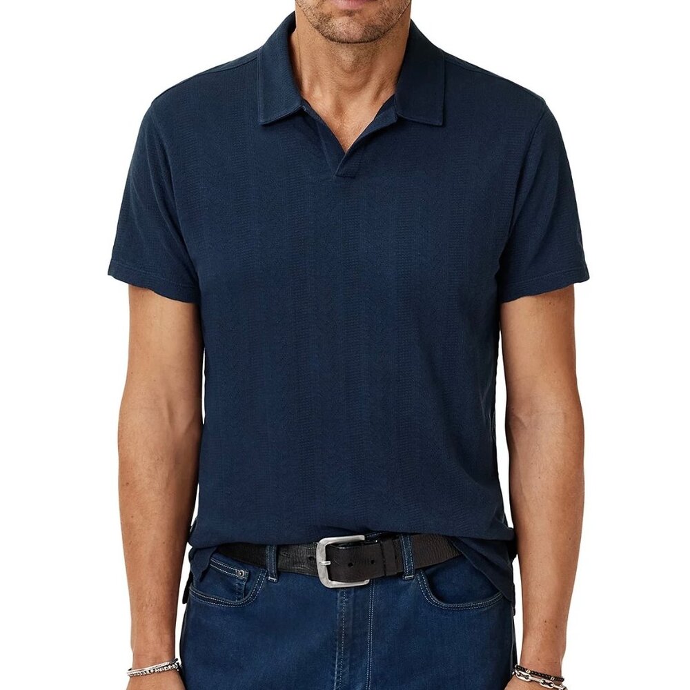 John Varvatos Men's Zion Jacquard Textured Open Collar SS Polo Shirt Deep Blue - Picture 6 of 8
